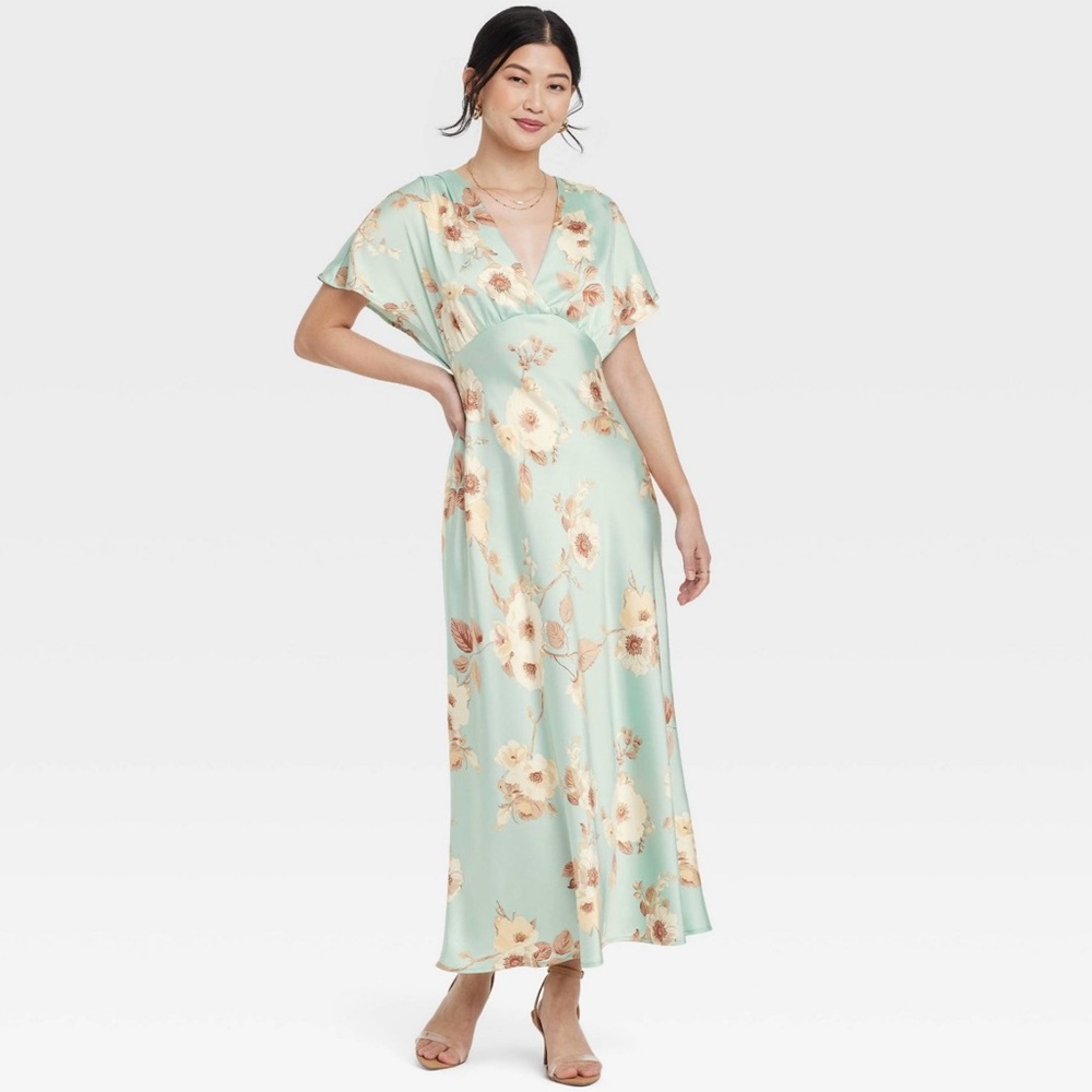 A New Day Women's Satin Mint Floral Size M , A Line Dress